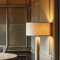 A sleek modern lamp casting a warm glow against a muted