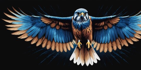   A stunning depiction of a vibrant blue and orange avian spread its wings on an all-black canvas - obrazy, fototapety, plakaty