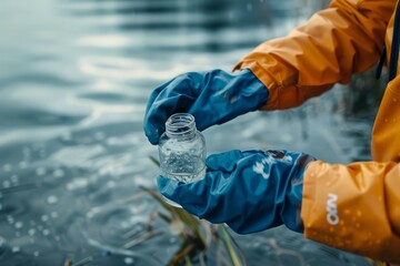 A Greenpeace researcher collecting water samples to test for pollution levels and protect aquatic life - obrazy, fototapety, plakaty