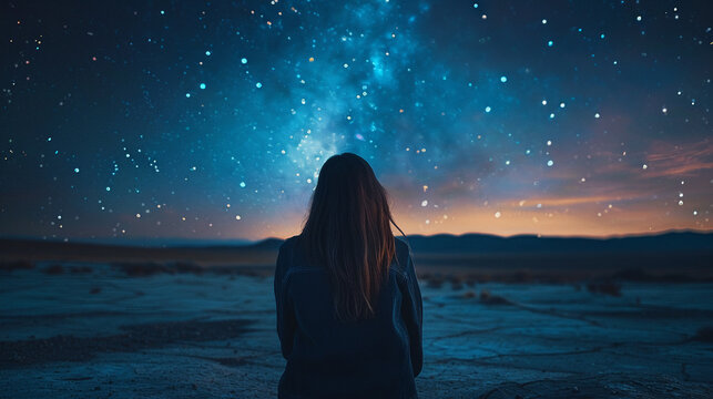 A woman gazing at a starlit sky from a desert the image in back button focus with rich blacks and midnight blues