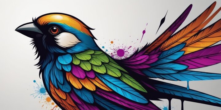   A vibrant bird perched atop a table alongside a multi-colored avian painting