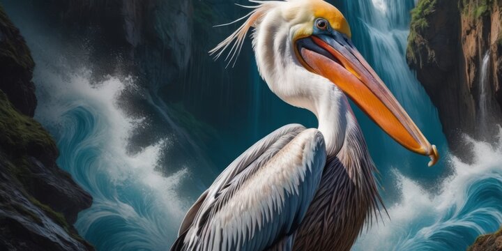   A painting portrays a pelican perched on a rock adjacent to a waterfall, with the falls visible as a backdrop
