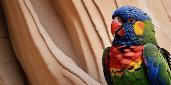  A colorful parrot perched on a tree limb in front of a stone wall, with a pipe protruding from its beak