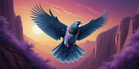 Fotobehang   Painting of bird spreading wings, in front of mountain landscape and moonlit sky © Viktor