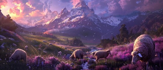 Sheep with jewel-toned wool in a majestic mountainous landscape at dusk
