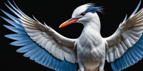   A white bird with blue wings and a red beak stands on a black background, spreading wings wide - obrazy, fototapety, plakaty