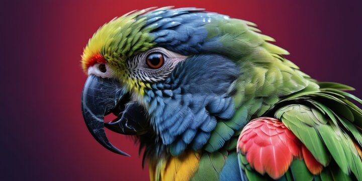   A multicolored parrot on a purple background with a red spot in its eye