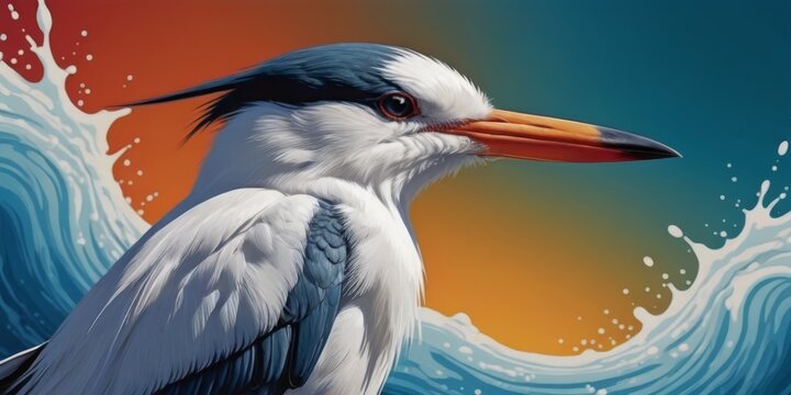   A stunning painting depicts a bird perched on a wavy ocean wave against an vibrant orange-blue sky