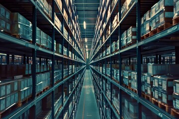 A large distribution center with rows of shelves packed with inventory, showcasing the storage capacity and organization of the warehouse