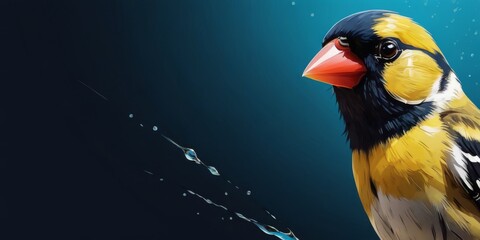   A yellow-and-black bird drips water from its beak onto a dark blue background in a painting - obrazy, fototapety, plakaty