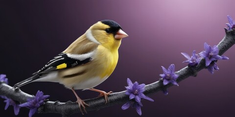 Obraz premium A black and yellow bird perched on a branch amidst purple flowers against a black and purple backdrop