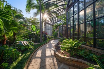 A walkway cutting through a lush tropical garden with vibrant green plants and colorful flowers