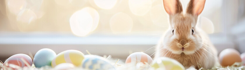 Easter promotions with a charming banner featuring a baby rabbits portrait its cute smile and colorful Easter eggs offering copy space for festive messages