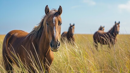 Welsh pony running and standing in high grass, long mane, brown horse galloping, brown horse standing in high grass in sunset light, yellow and green background - obrazy, fototapety, plakaty