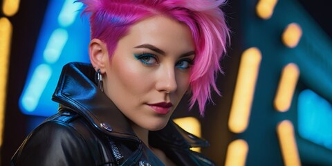 Naklejka premium Close-up of a person with pink hair, wearing a black leather jacket and neon blue eyeshadow against neon lights background