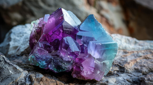 Vivid photo capturing the rich purples and blues of a large fluorite crystal specimen against a rocky background