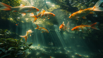 Fototapeta na wymiar Deep green koi moving slowly in a shaded pond the occasional beams of light illuminating their unique color