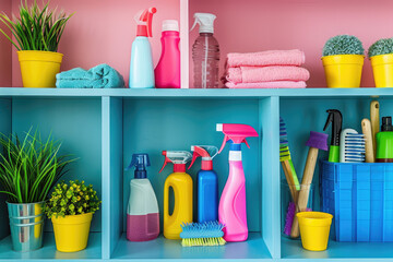 Spring Cleaning: organizing their home, with cleaning supplies and freshly organized shelves.