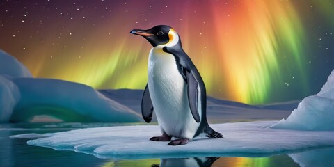   A stunning painting of a penguin perched on an ice floe beneath the mesmerizing Northern Lights in the sky