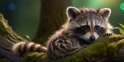 Fototapeta premium A raccoon sits on a tree branch with moss covering its back, facing the camera