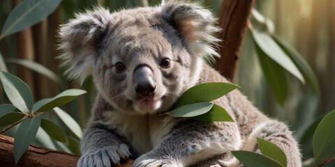   A koala on a tree branch, holding a leaf, looking directly at the camera