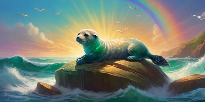   A painting depicts a seal atop a rock, surrounded by ocean water, and featuring a vibrant rainbow in the background sky
