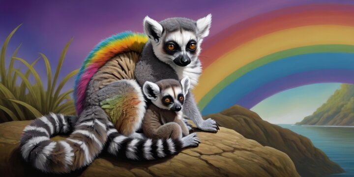   A painting depicts a mother raccoon cradling her baby on a rock against a vibrant rainbow backdrop