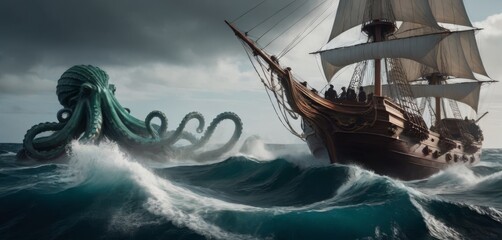 Obraz premium An octopus attacks a pirate ship in the ocean with tentacles stretching in front