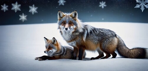   A pair of foxes stand together on a snowy landscape with snowfall in the background