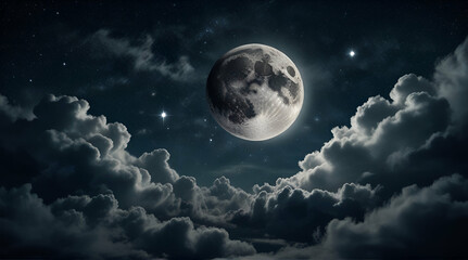 Naklejka na ściany i meble Romantic Moon In Starry Night Over Clouds .Generative AI