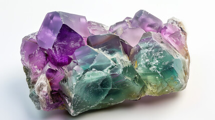 Fototapeta premium Striking image of a translucent fluorite crystal displaying a soft gradient of purple to green on white background