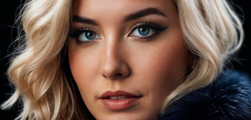 Fototapeta premium A close-up of a woman with blue eyes and a fur collar around her neck and a fur collar around her neck