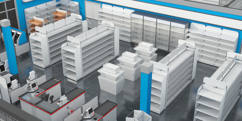 Supermarket layout top view with empty shelves. 3d illustration