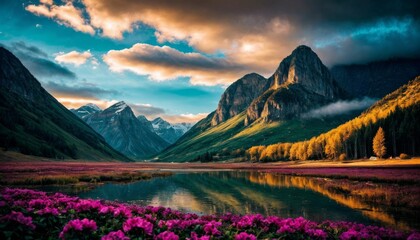   A stunning mountain range with a lake in the foreground and blooming flowers surrounding it