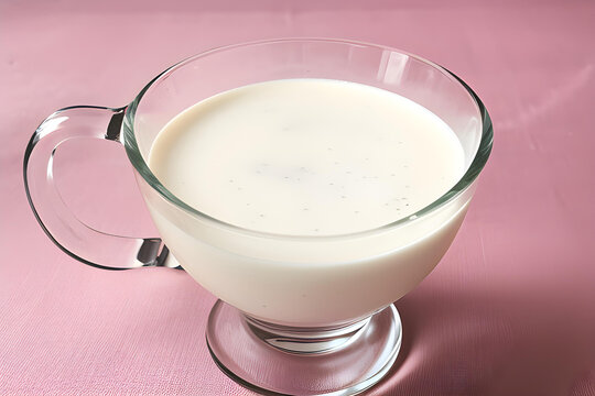 A cute looking glass with milk against a pink background