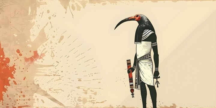 Depiction of Ancient Egyptian Deity Thoth Writing on a Papyrus Scroll with an Ibis Head. Concept Ancient Egyptian Art, Deity Thoth, Papyrus Scroll, Ibis Head, Mythology Illustration
