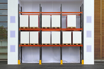 Pallets With White Boxes at Shelf Storage in Distribution Warehouse Fulfillment Centre