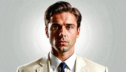   A painting of a man in a white suit and tie with a serious expression, set against a white backdrop
