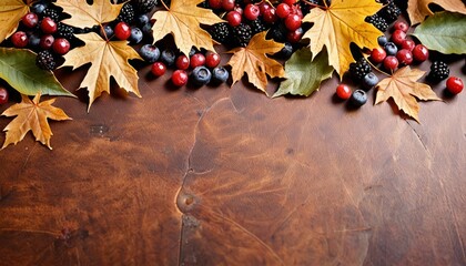 Obraz premium A table adorned with leaves and berries sits atop a wooden surface, alongside a cup brimming with a beverage