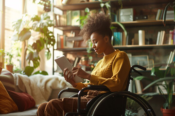 An African American woman in a wheelchair using a tablet. Disability, inclusion and technology concept. - obrazy, fototapety, plakaty