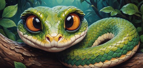 Fototapeta premium A painting portrays a vibrant green serpent perched on a tree limb surrounded by foliage, its eyes opened widely