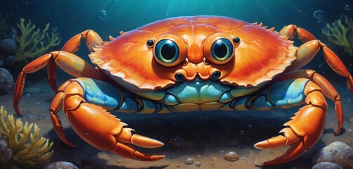   A large orange crab rests atop a sandy ocean floor alongside coral and seaweed coverage