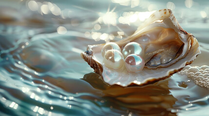 Dreamy depiction of a seashell with pearls afloat on gentle water ripples, emanating a magical vibe