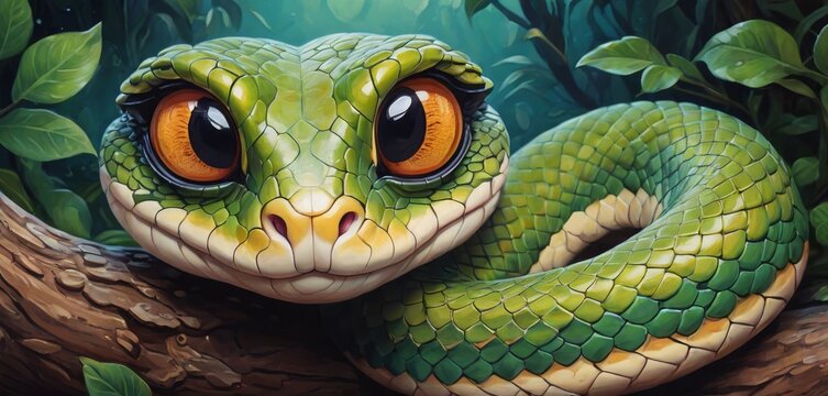   A painting portrays a vibrant green serpent perched on a tree limb surrounded by foliage, its eyes opened widely