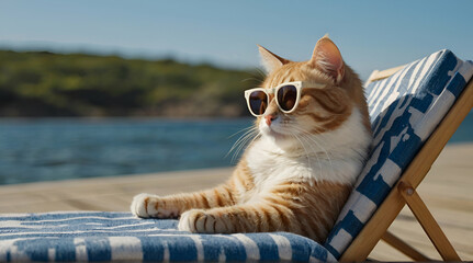 Cat with sunglasses taking it easy on a deck chair by .Generative AI - obrazy, fototapety, plakaty