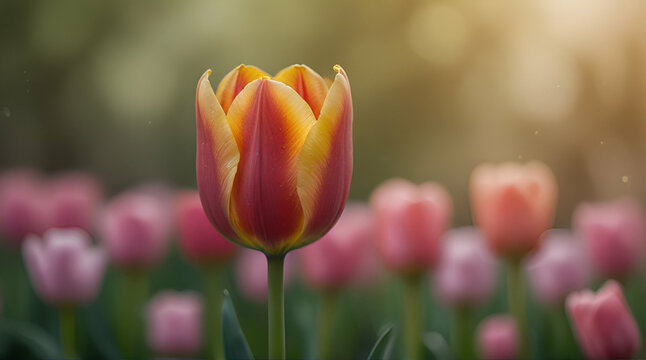 Closeup of blooming tulip flower in spring on pastel bokeh background .Generative AI
