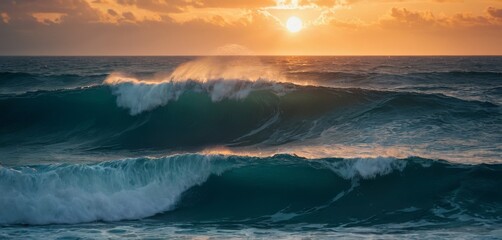 Fototapeta premium The sun sets over the ocean with a large wave in the foreground and a smaller wave nearby