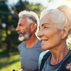 Fotobehang Close-up of an energetic senior couple jogging in the park, emphasizing cardio training, regular exercise, and healthy aging in a natural setting. © Hasanul