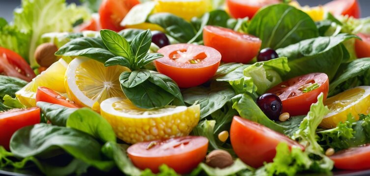   A close-up image of a colorful salad with juicy tomatoes, crunchy corn kernels, fresh lettuce leaves, and an array of vibrant vegetables