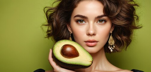   A woman holds an avocado in front of her face with one half visible - obrazy, fototapety, plakaty
